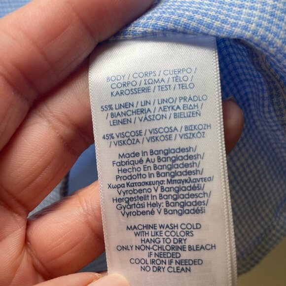 Chaps light blue and white houndstooth button down linen blend shirt sz M - Picture 6 of 6